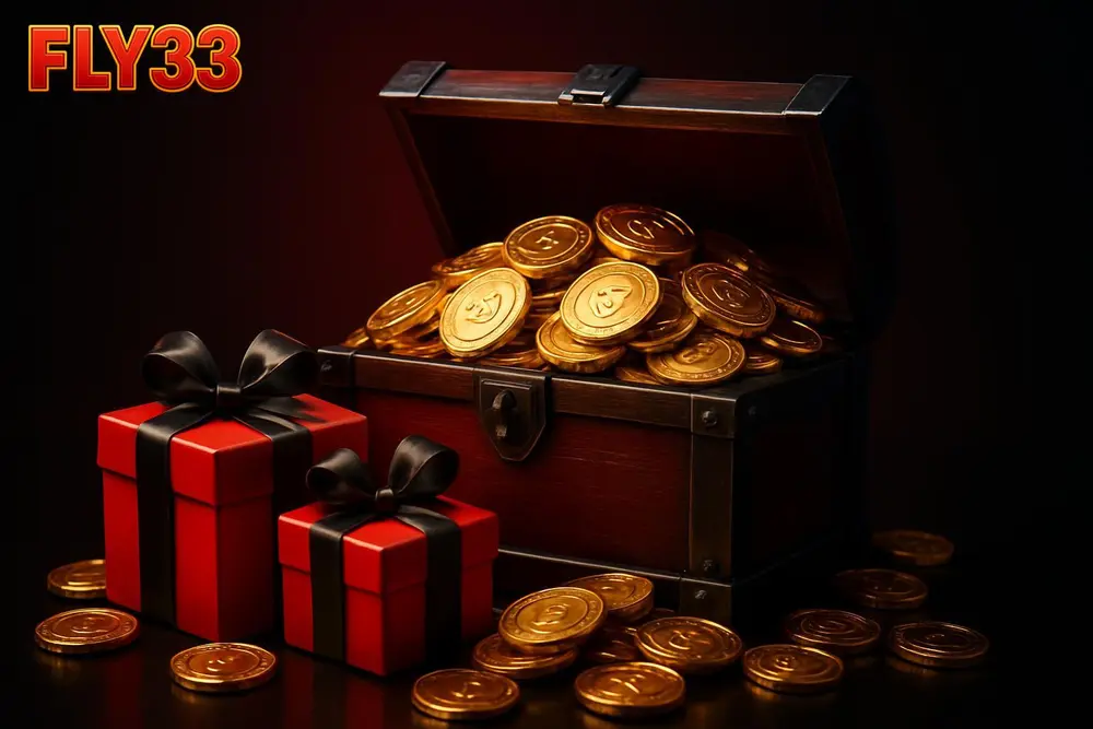 FLY33 bonuses and offers โ an overflowing treasure chest of golden casino chips and gift boxes FLY33 bonuses and offers โ an overflowing treasure chest of golden casino chips and gift boxes