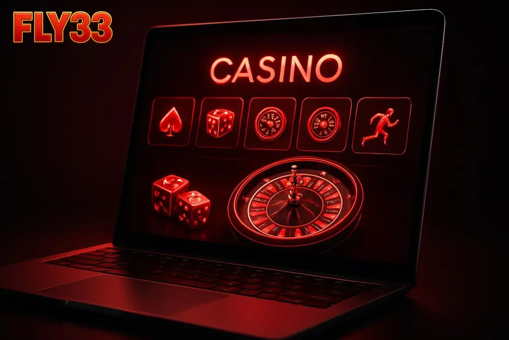 FLY33 Pakistan โ a glowing red and black casino homepage on a laptop screen FLY33 Pakistan โ a glowing red and black casino homepage on a laptop screen