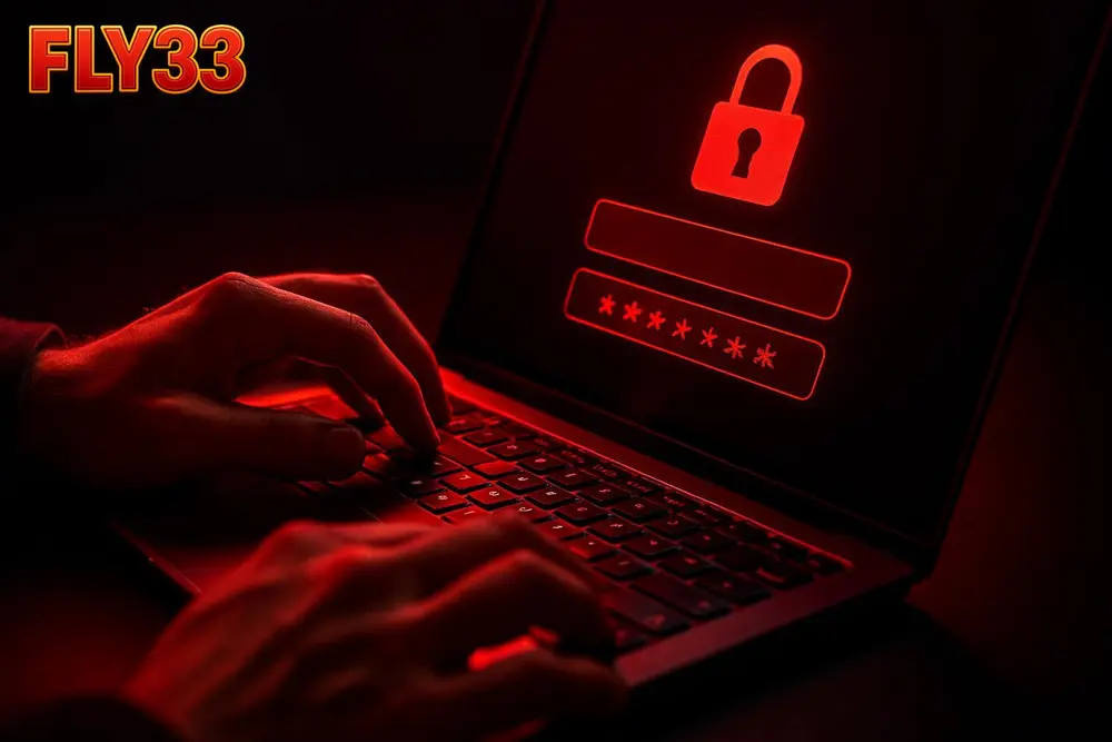 FLY33 login โ a person typing a password on a laptop with a red glow FLY33 login โ a person typing a password on a laptop with a red glow