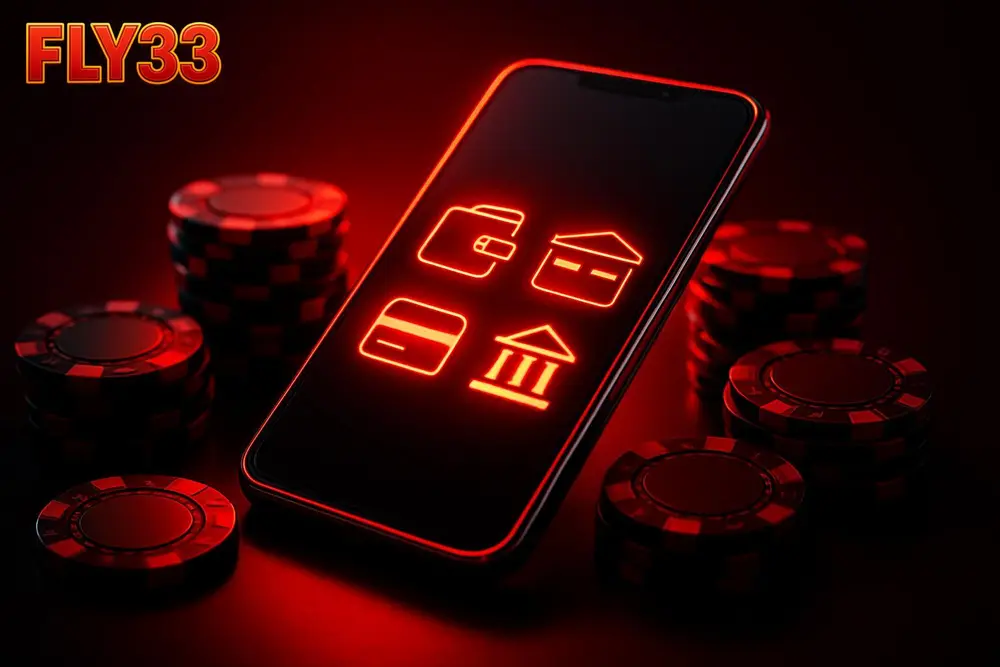 FLY33 payment methods โ a glowing smartphone with mobile wallet icons surrounded by poker chips FLY33 payment methods โ a glowing smartphone with mobile wallet icons surrounded by poker chips
