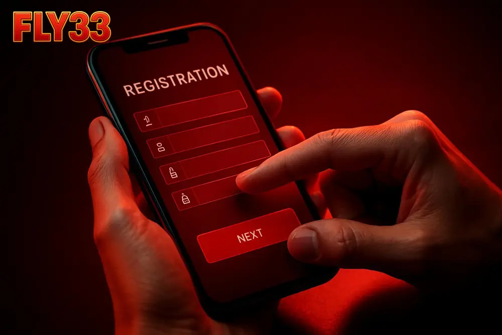 FLY33 registration โ a hand filling a mobile registration form on a smartphone FLY33 registration โ a hand filling a mobile registration form on a smartphone